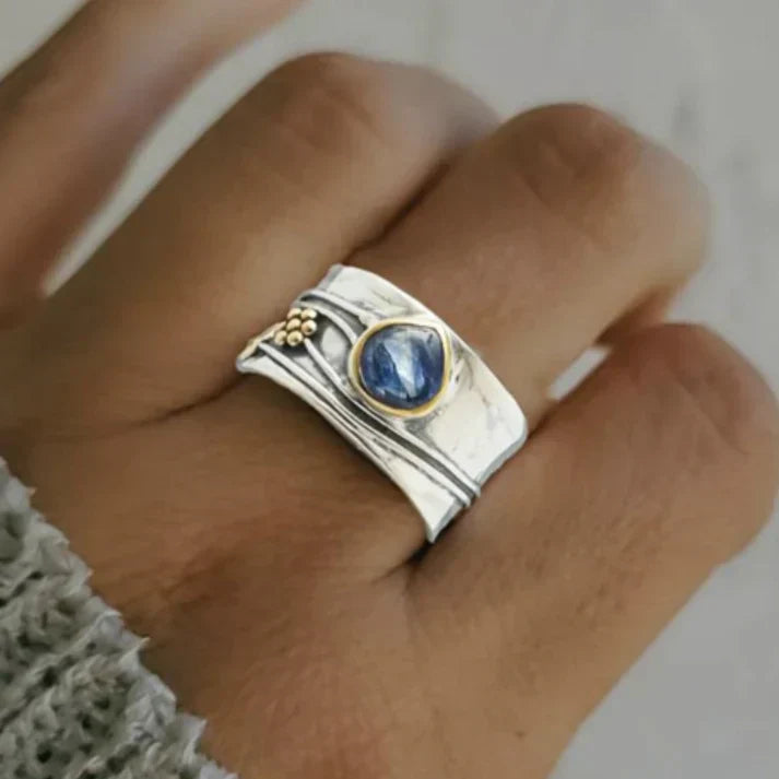 Vintage Blauwe Saffier Ring Verguld Zilver