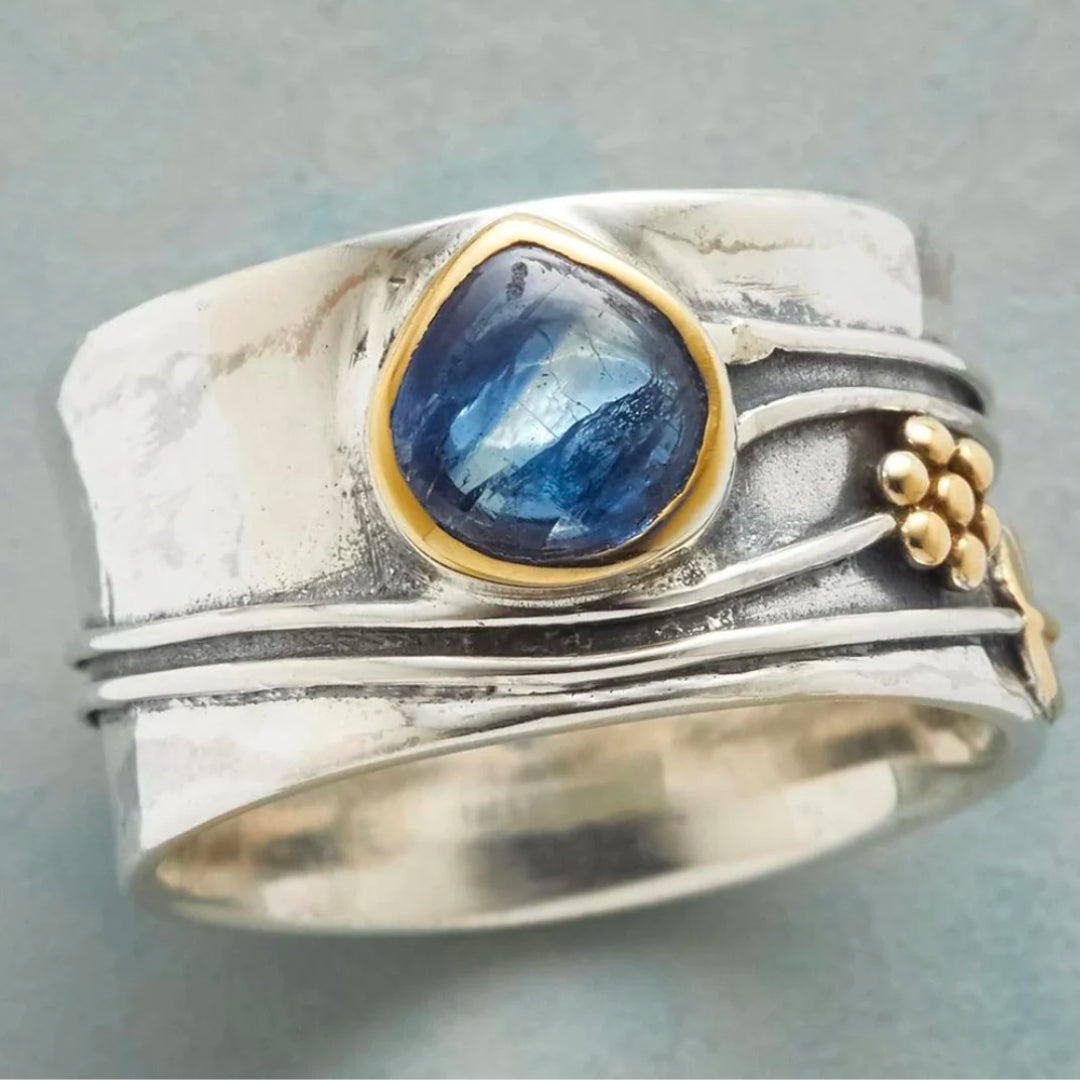 Vintage Blauwe Saffier Ring Verguld Zilver