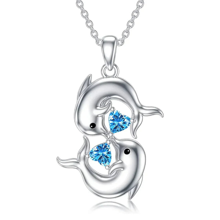 Zilveren Collier met Dubbele Dolfijnen en Blauwe Kristal