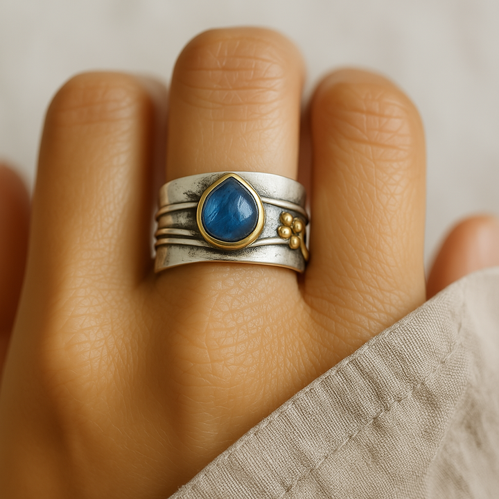 Vintage Blauwe Saffier Ring Verguld Zilver