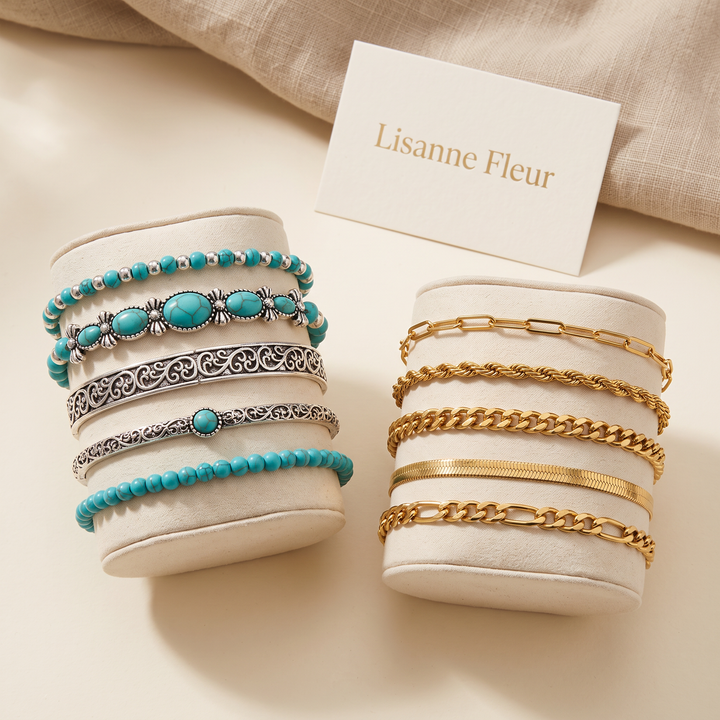 Bundel: Armbandenset met turquoise kralen + Armbandenset 5 stukken in goud