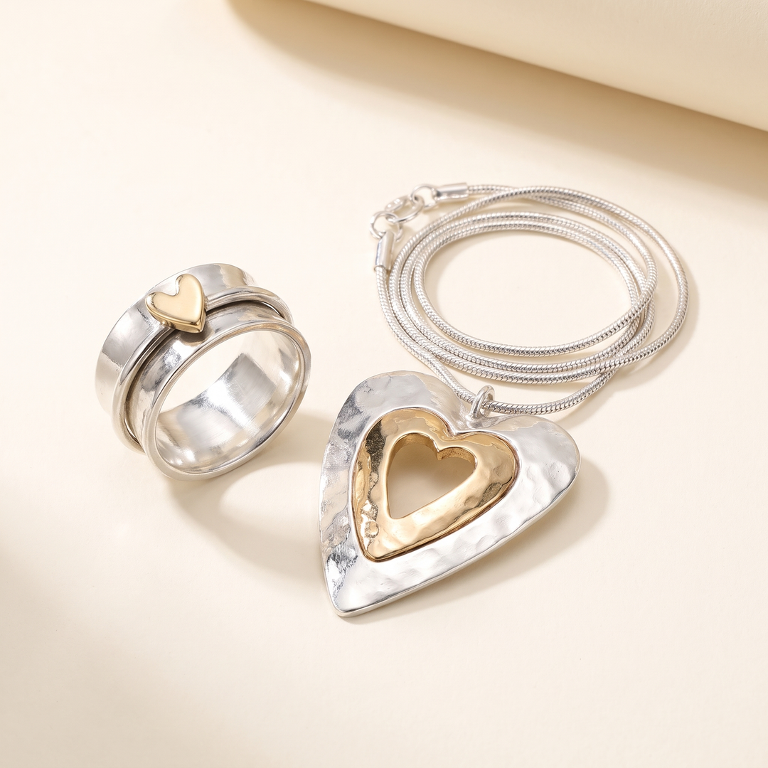 Bundel: Zilveren ring met gouden hart + Vintage Hart Ketting van Zilver en Goud