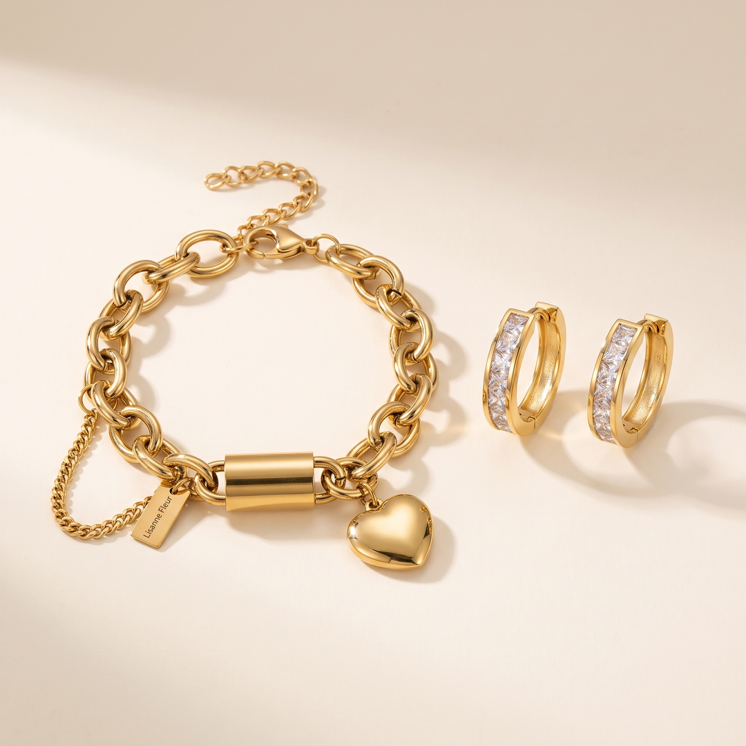 Bundel: Gouden Hart Charm Armband + Chique gouden en kristallen creolen