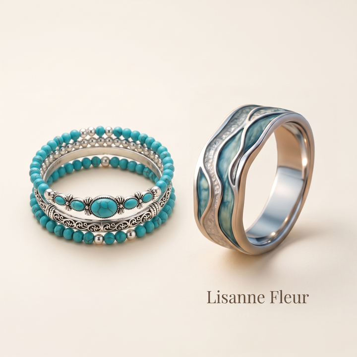 Bundel: Turquoise Golven Ring van Zilver + Armbandenset met turquoise kralen