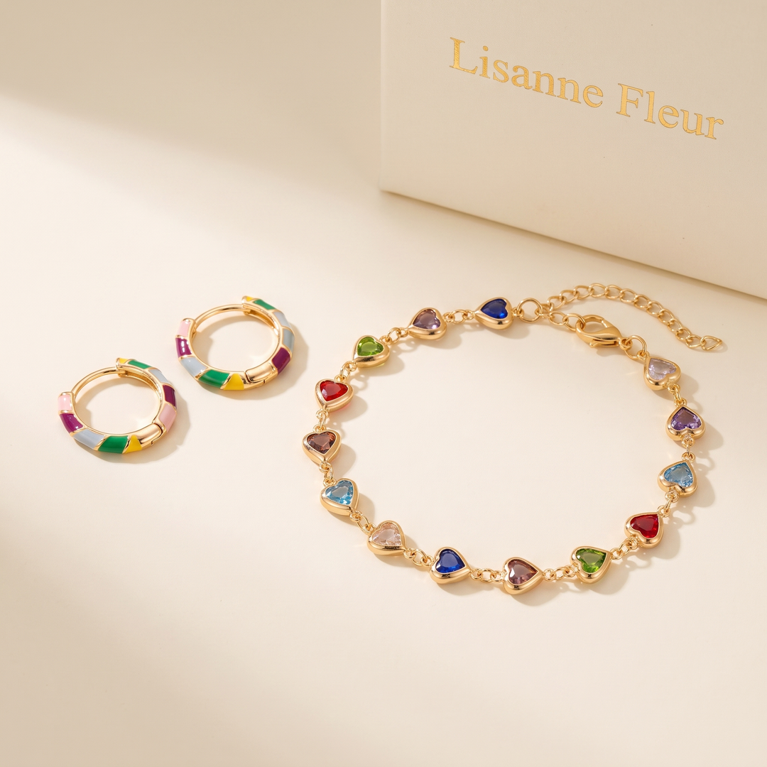 Bundel: Elegante Oorbellen met Gouden Emaille + Unieke hartvormige armband