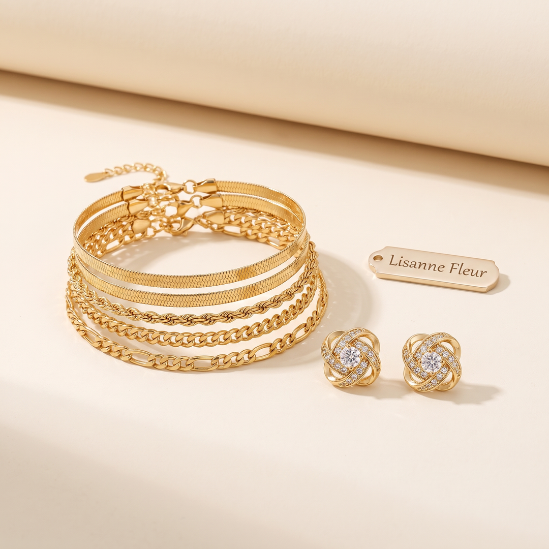 Bundel: Armbandenset 5 stukken in goud + Gouden spiralen oorbellen met kristallen
