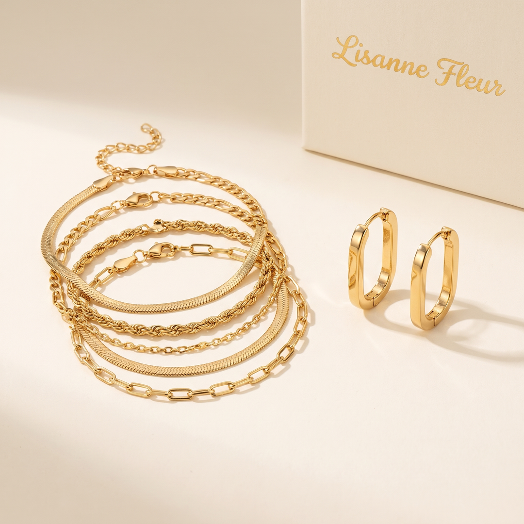 Bundel: Armbandenset 5 stukken in goud + Elegante geometrische oorbellen