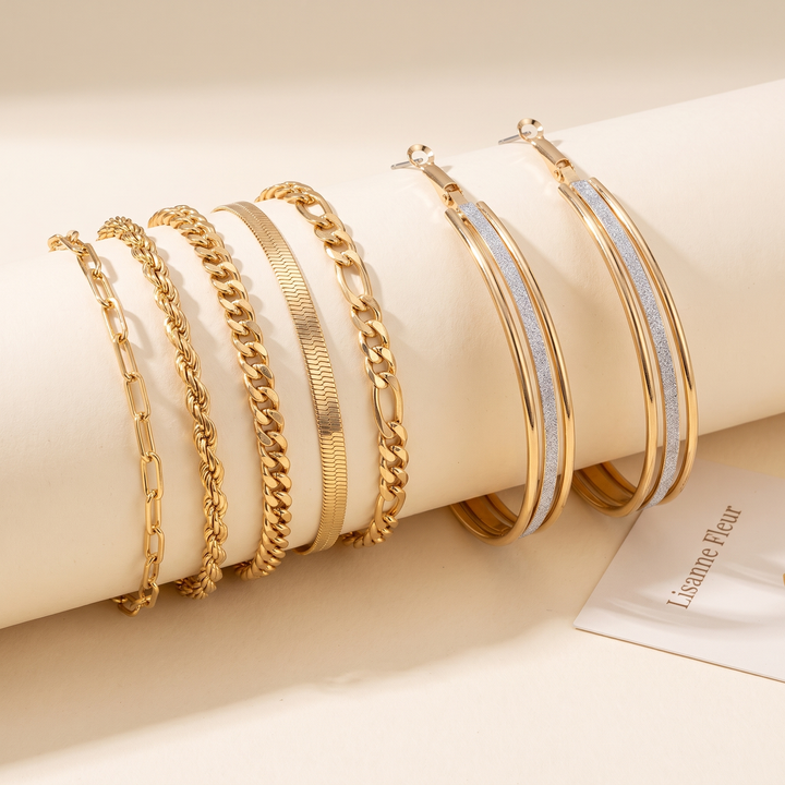 Bundel: Armbandenset 5 stukken in goud + Retro gouden creolen
