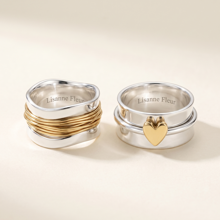Bundel: Zilveren ring met gouden draad + Zilveren ring met gouden hart