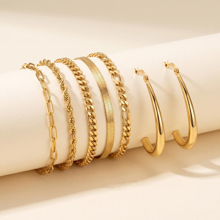 Bundel: Armbandenset 5 stukken in goud + Exclusieve vintage gouden oorbellen