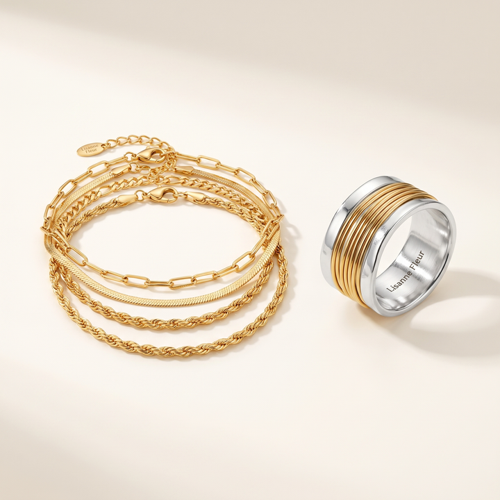 Bundel: Armbandenset 5 stukken in goud + Zilveren ring met gouden draad